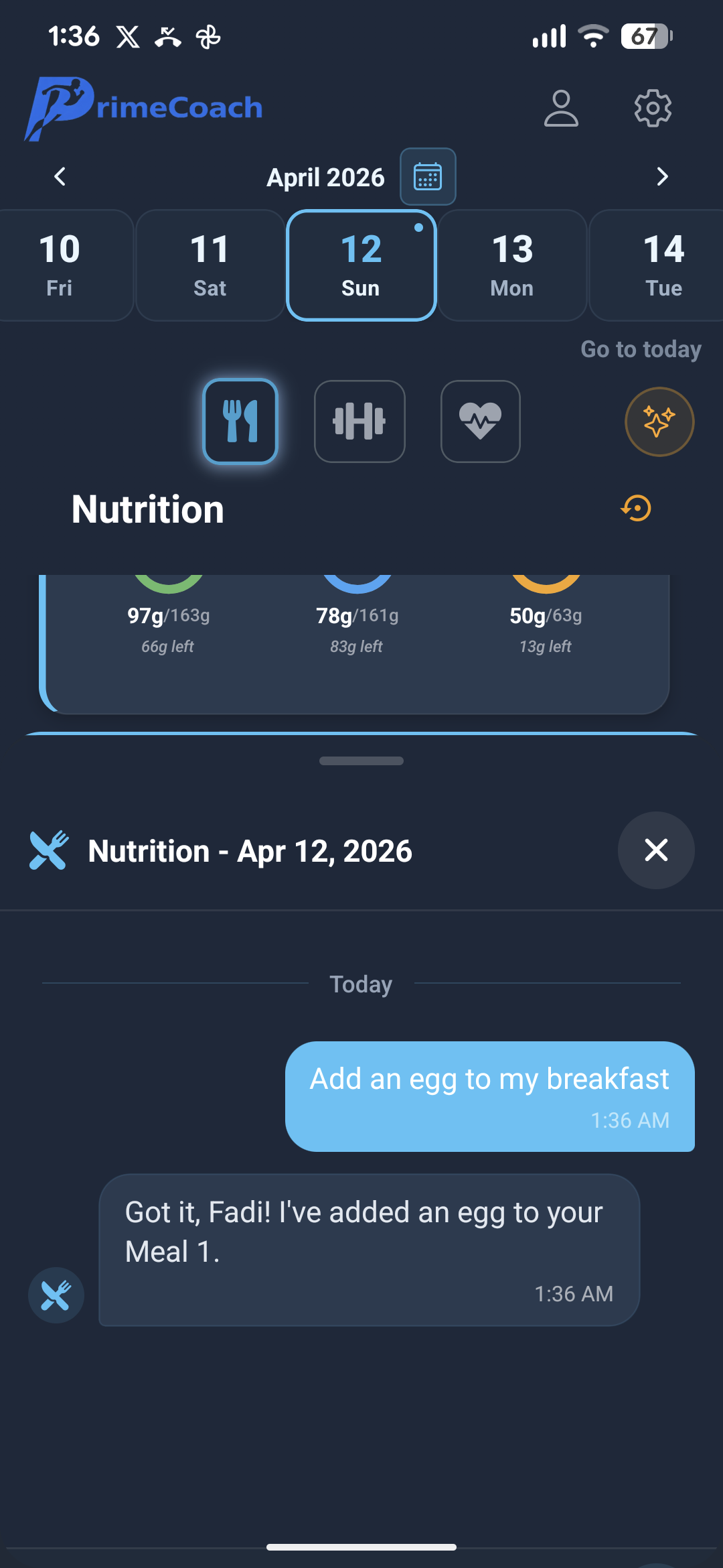 Prime Coach AI chat interface for adjusting meals and training plans