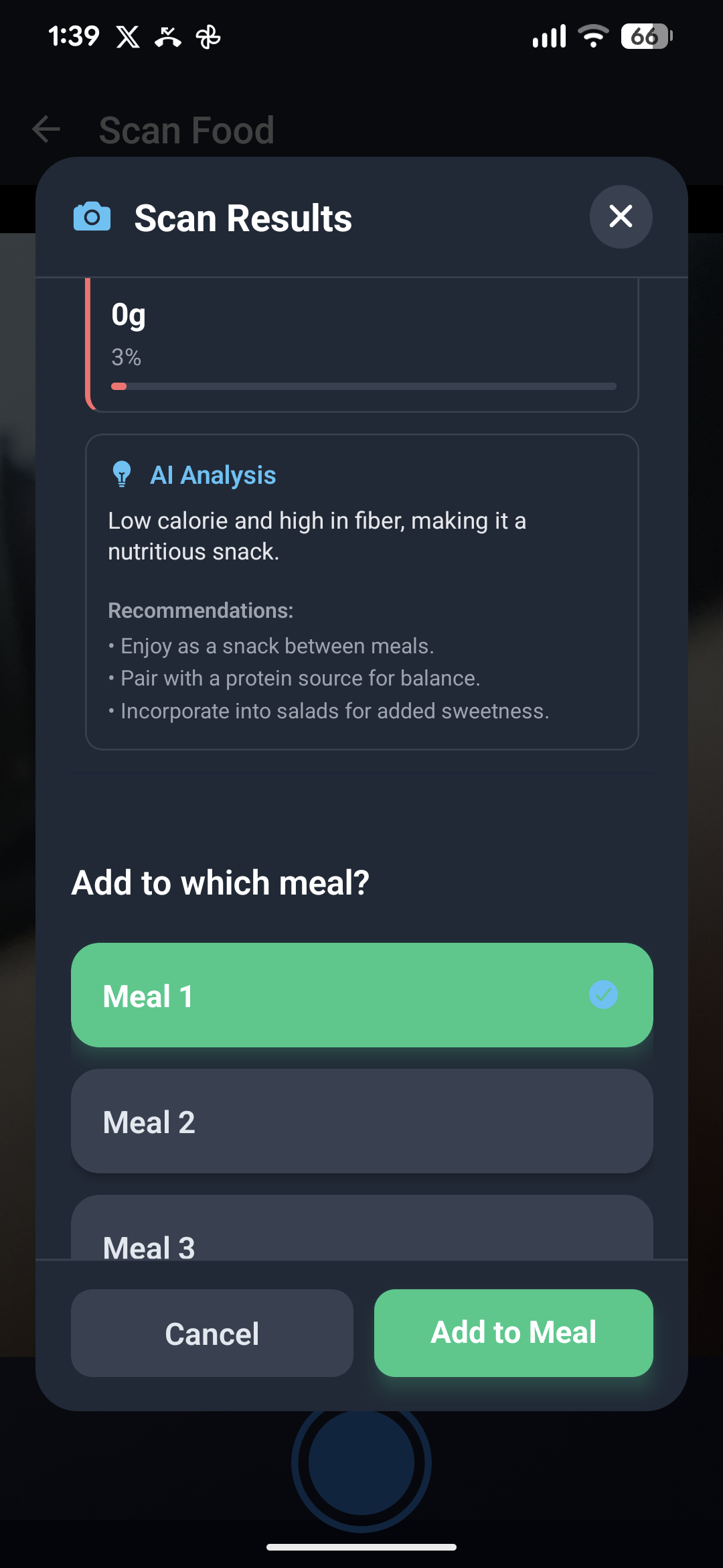 Prime Coach food scanner showing scan results with nutritional breakdown