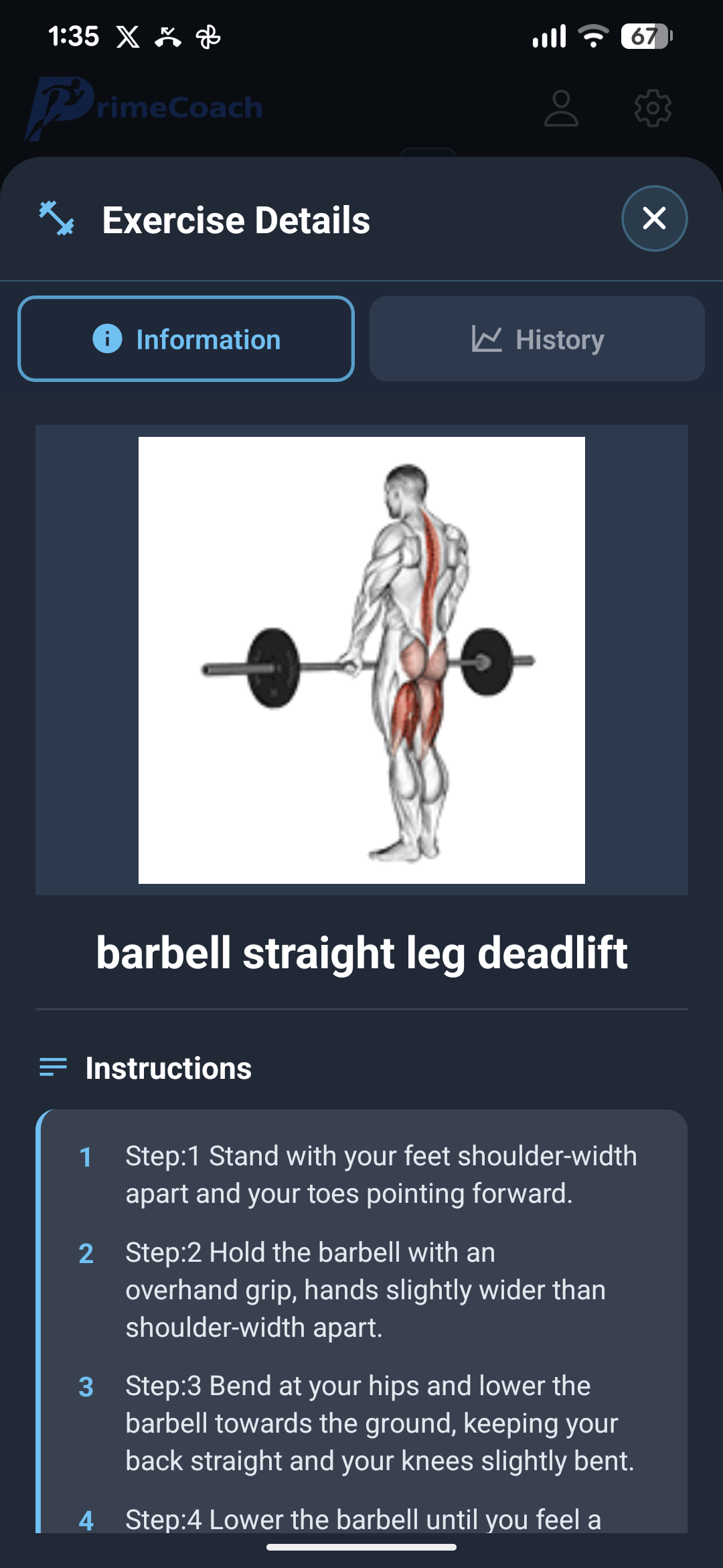 Prime Coach exercise details with instructions and muscle diagram