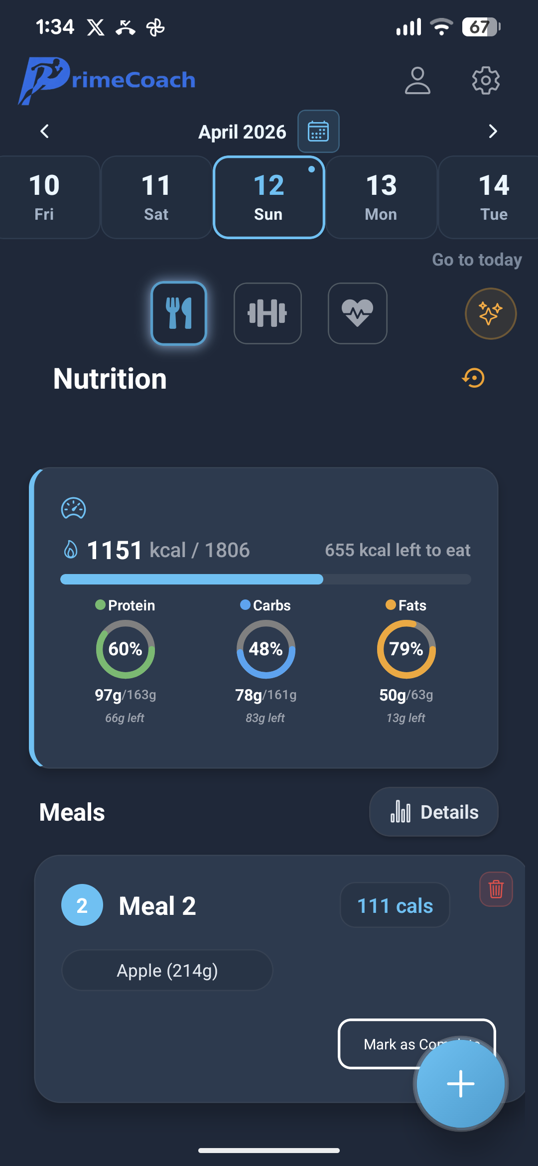 Prime Coach nutrition screen showing meal plan with calorie and macro tracking